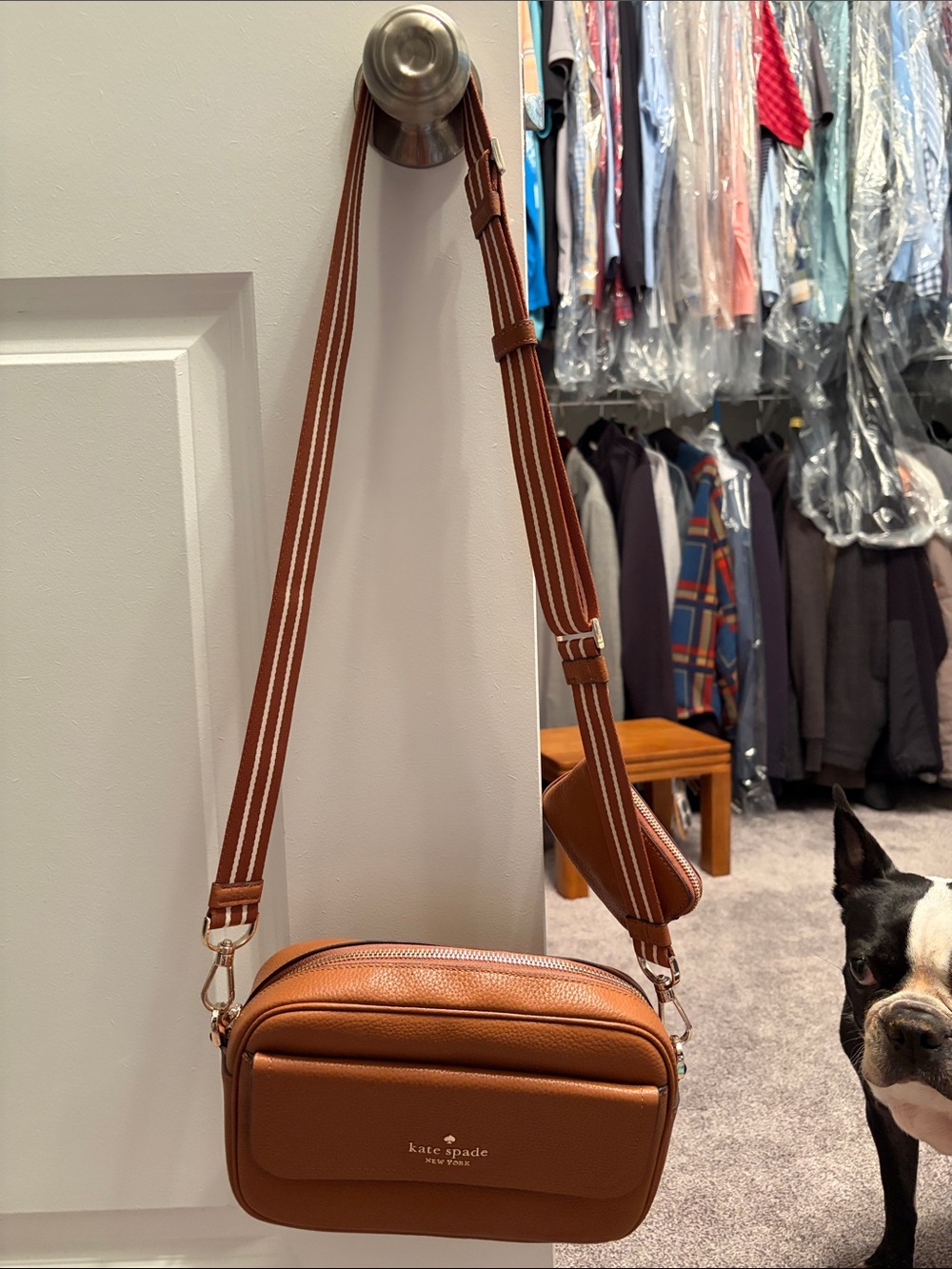 kate spade Cognac Pebbled Leather Belt Bag with Striped Strap